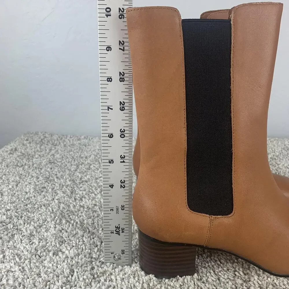 J. Crew Boots Womens Size 7.5 Brown Tan Chelsea Block Heel Leather Ankle Pull On - Picture 3 of 12